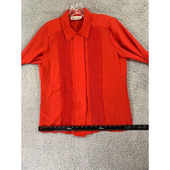 CHRISTIE & JILL Blouse Size 10 RED Polyester Sateen Pleated Hidden Button Collar - Picture 7 of 13